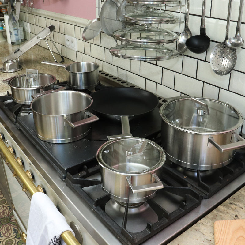 Cristel Fryingpans set and Cristel Saucepans set in a French Kitchen