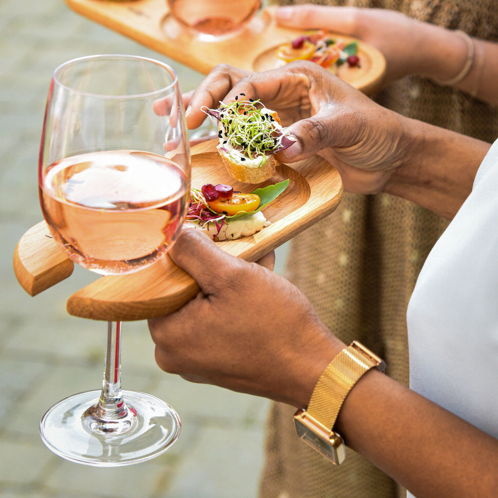 Cocktail Plate Glass Holder hold by hand with Glass of Wine and Food