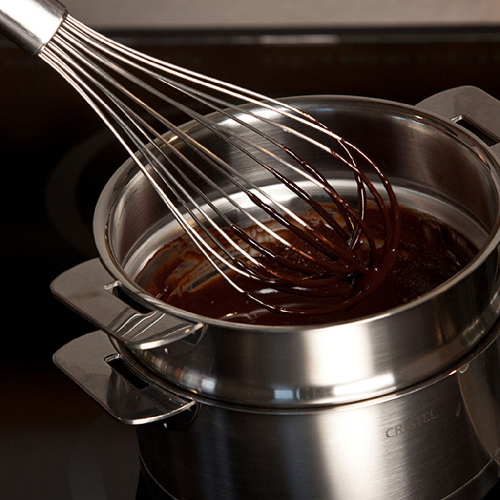 Cristel Classic Whisk in pan with chocolate